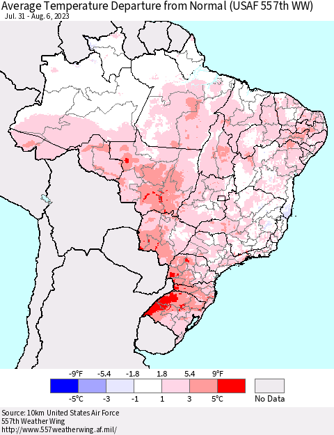 Brazil Average Temperature Departure from Normal (USAF 557th WW) Thematic Map For 7/31/2023 - 8/6/2023