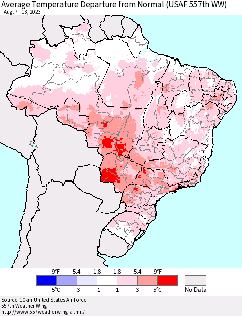 Brazil Average Temperature Departure from Normal (USAF 557th WW) Thematic Map For 8/7/2023 - 8/13/2023