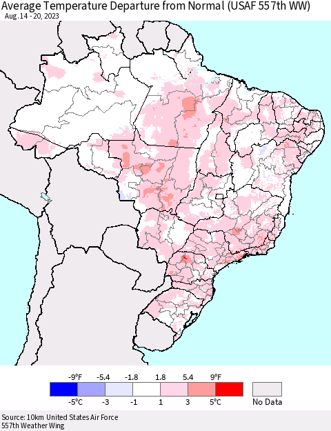 Brazil Average Temperature Departure from Normal (USAF 557th WW) Thematic Map For 8/14/2023 - 8/20/2023