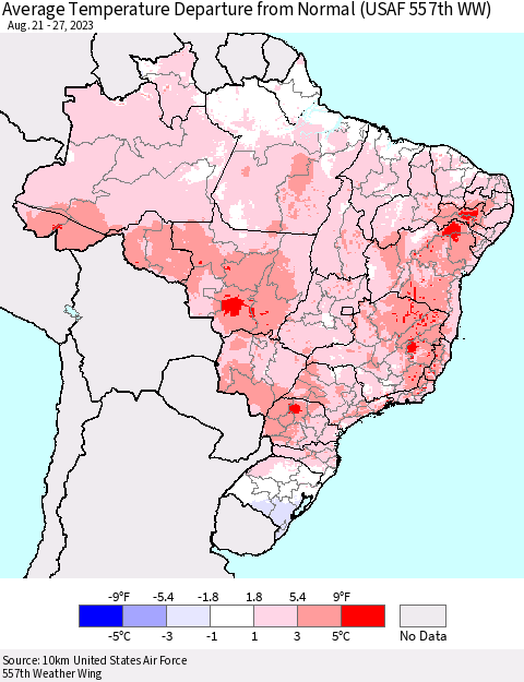 Brazil Average Temperature Departure from Normal (USAF 557th WW) Thematic Map For 8/21/2023 - 8/27/2023