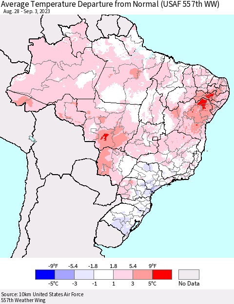 Brazil Average Temperature Departure from Normal (USAF 557th WW) Thematic Map For 8/28/2023 - 9/3/2023