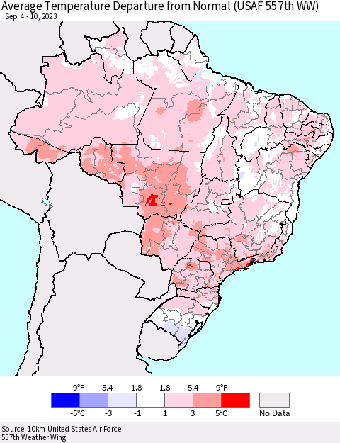 Brazil Average Temperature Departure from Normal (USAF 557th WW) Thematic Map For 9/4/2023 - 9/10/2023