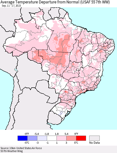 Brazil Average Temperature Departure from Normal (USAF 557th WW) Thematic Map For 9/11/2023 - 9/17/2023