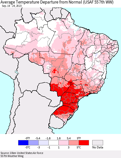 Brazil Average Temperature Departure from Normal (USAF 557th WW) Thematic Map For 9/18/2023 - 9/24/2023