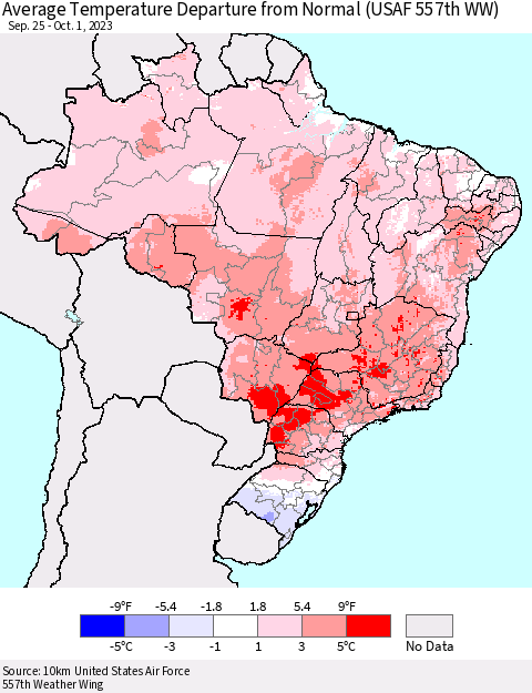 Brazil Average Temperature Departure from Normal (USAF 557th WW) Thematic Map For 9/25/2023 - 10/1/2023