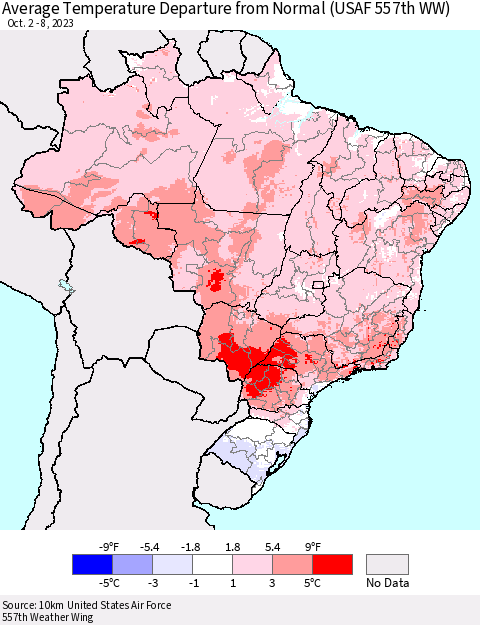 Brazil Average Temperature Departure from Normal (USAF 557th WW) Thematic Map For 10/2/2023 - 10/8/2023