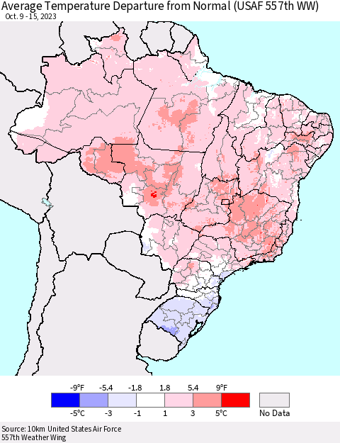 Brazil Average Temperature Departure from Normal (USAF 557th WW) Thematic Map For 10/9/2023 - 10/15/2023