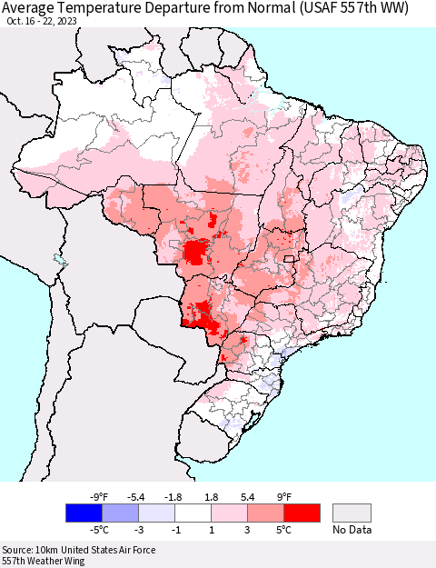 Brazil Average Temperature Departure from Normal (USAF 557th WW) Thematic Map For 10/16/2023 - 10/22/2023