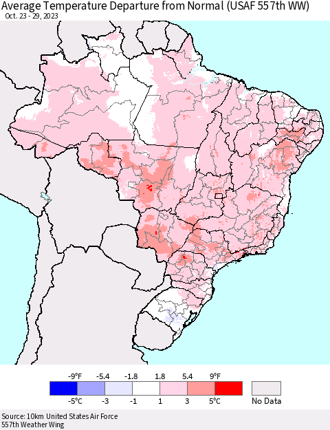 Brazil Average Temperature Departure from Normal (USAF 557th WW) Thematic Map For 10/23/2023 - 10/29/2023