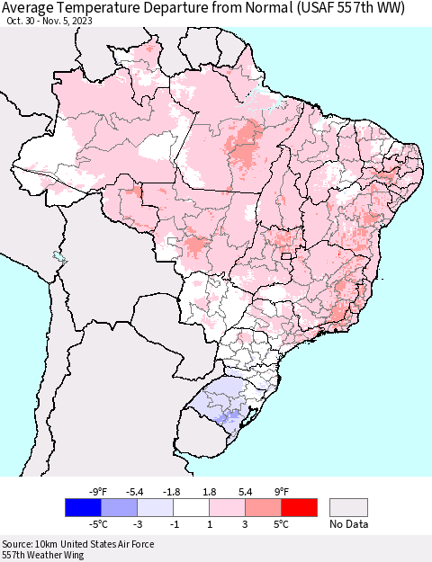 Brazil Average Temperature Departure from Normal (USAF 557th WW) Thematic Map For 10/30/2023 - 11/5/2023