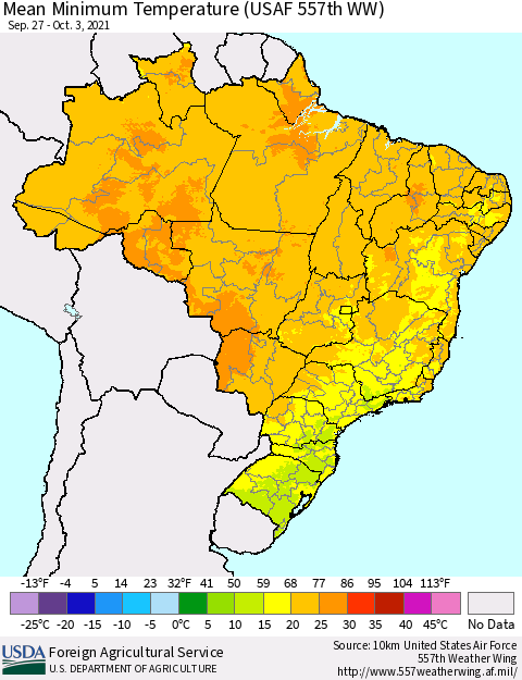 Brazil Mean Minimum Temperature (USAF 557th WW) Thematic Map For 9/27/2021 - 10/3/2021