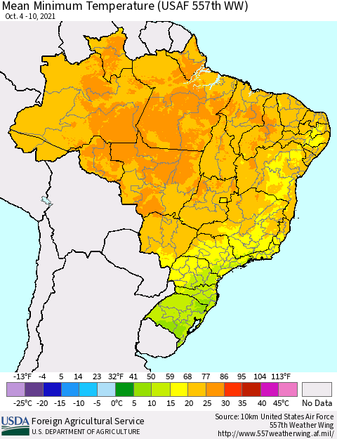 Brazil Mean Minimum Temperature (USAF 557th WW) Thematic Map For 10/4/2021 - 10/10/2021