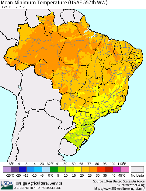 Brazil Mean Minimum Temperature (USAF 557th WW) Thematic Map For 10/11/2021 - 10/17/2021