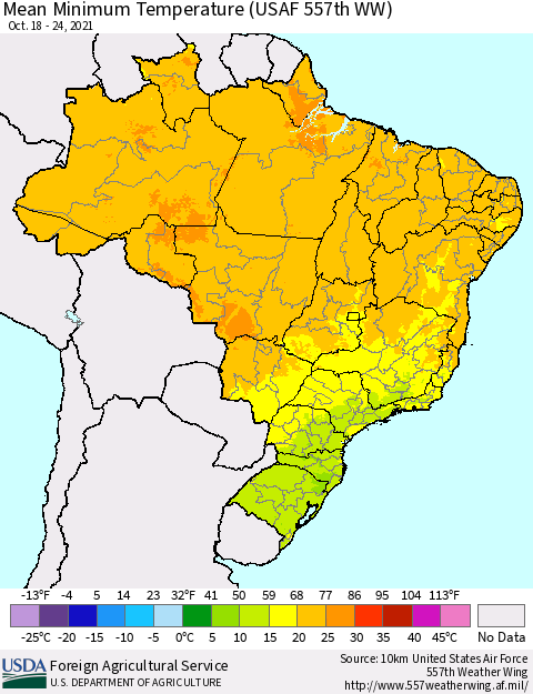 Brazil Mean Minimum Temperature (USAF 557th WW) Thematic Map For 10/18/2021 - 10/24/2021