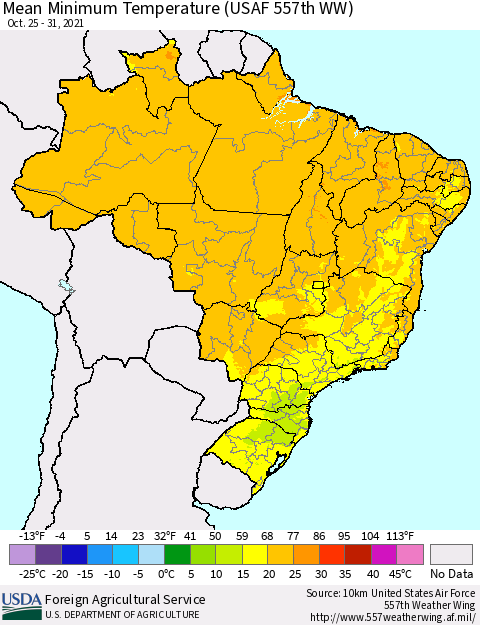 Brazil Mean Minimum Temperature (USAF 557th WW) Thematic Map For 10/25/2021 - 10/31/2021
