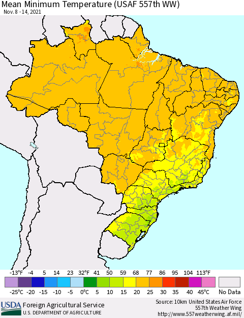 Brazil Mean Minimum Temperature (USAF 557th WW) Thematic Map For 11/8/2021 - 11/14/2021