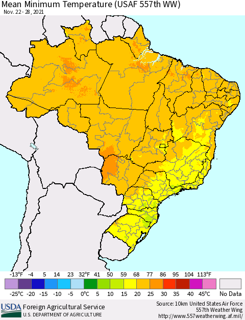 Brazil Mean Minimum Temperature (USAF 557th WW) Thematic Map For 11/22/2021 - 11/28/2021