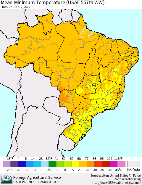 Brazil Mean Minimum Temperature (USAF 557th WW) Thematic Map For 12/27/2021 - 1/2/2022