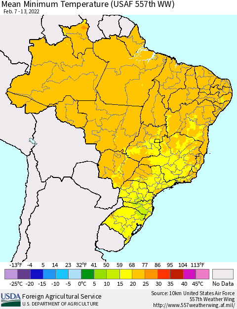 Brazil Mean Minimum Temperature (USAF 557th WW) Thematic Map For 2/7/2022 - 2/13/2022