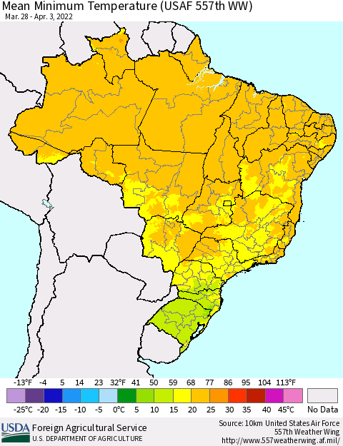 Brazil Mean Minimum Temperature (USAF 557th WW) Thematic Map For 3/28/2022 - 4/3/2022