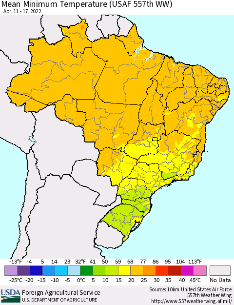 Brazil Mean Minimum Temperature (USAF 557th WW) Thematic Map For 4/11/2022 - 4/17/2022