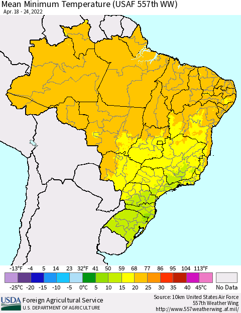 Brazil Mean Minimum Temperature (USAF 557th WW) Thematic Map For 4/18/2022 - 4/24/2022