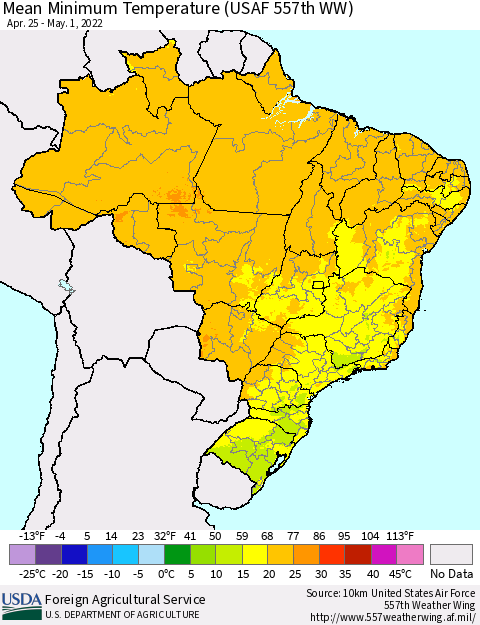 Brazil Mean Minimum Temperature (USAF 557th WW) Thematic Map For 4/25/2022 - 5/1/2022