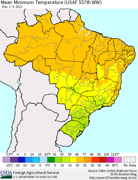 Brazil Mean Minimum Temperature (USAF 557th WW) Thematic Map For 5/2/2022 - 5/8/2022