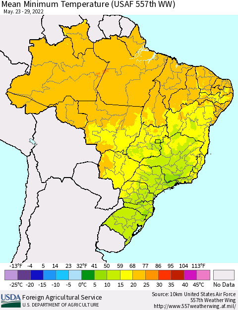 Brazil Mean Minimum Temperature (USAF 557th WW) Thematic Map For 5/23/2022 - 5/29/2022