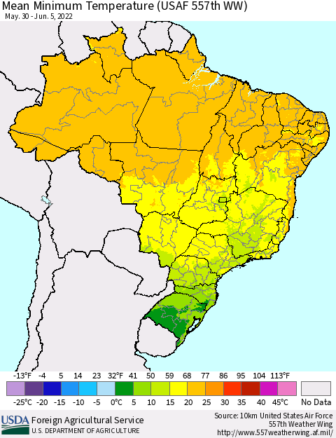 Brazil Mean Minimum Temperature (USAF 557th WW) Thematic Map For 5/30/2022 - 6/5/2022