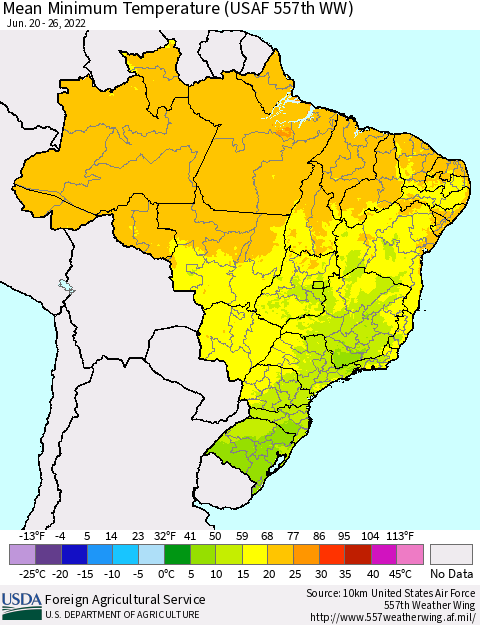 Brazil Mean Minimum Temperature (USAF 557th WW) Thematic Map For 6/20/2022 - 6/26/2022