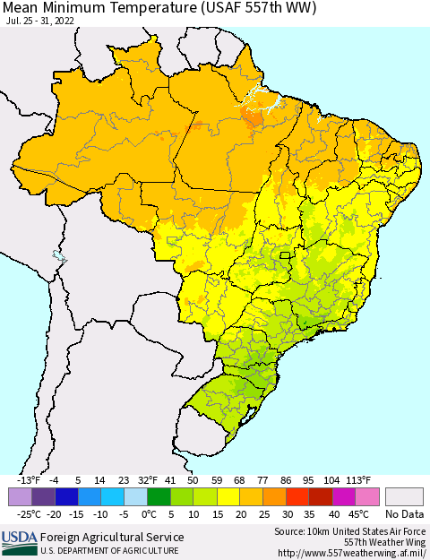Brazil Mean Minimum Temperature (USAF 557th WW) Thematic Map For 7/25/2022 - 7/31/2022
