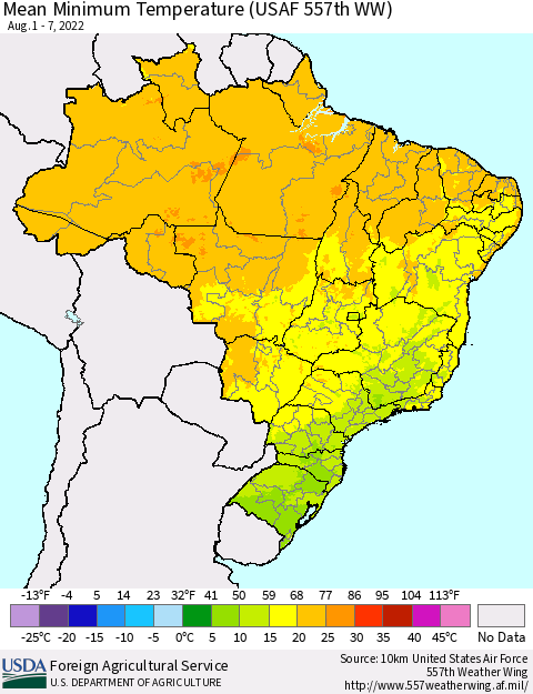 Brazil Mean Minimum Temperature (USAF 557th WW) Thematic Map For 8/1/2022 - 8/7/2022