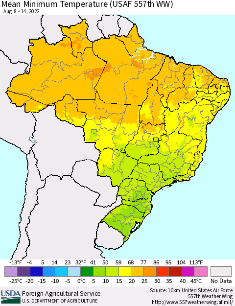 Brazil Mean Minimum Temperature (USAF 557th WW) Thematic Map For 8/8/2022 - 8/14/2022