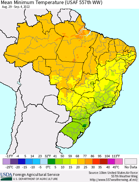 Brazil Mean Minimum Temperature (USAF 557th WW) Thematic Map For 8/29/2022 - 9/4/2022