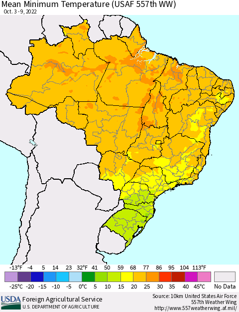 Brazil Mean Minimum Temperature (USAF 557th WW) Thematic Map For 10/3/2022 - 10/9/2022