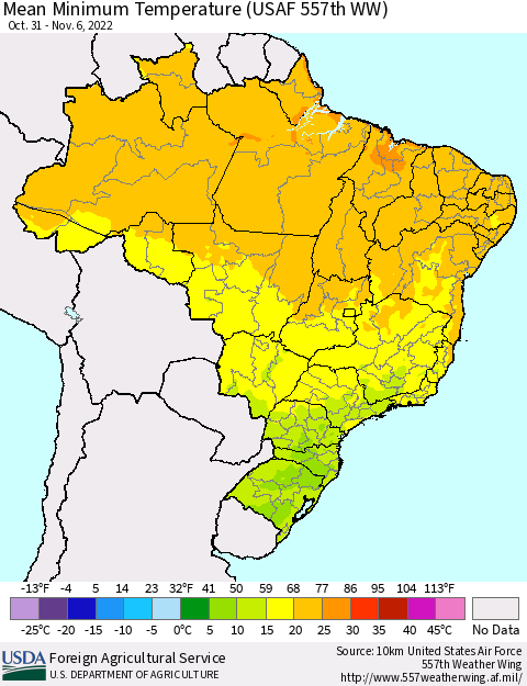 Brazil Mean Minimum Temperature (USAF 557th WW) Thematic Map For 10/31/2022 - 11/6/2022