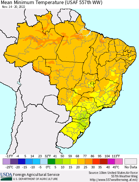 Brazil Mean Minimum Temperature (USAF 557th WW) Thematic Map For 11/14/2022 - 11/20/2022