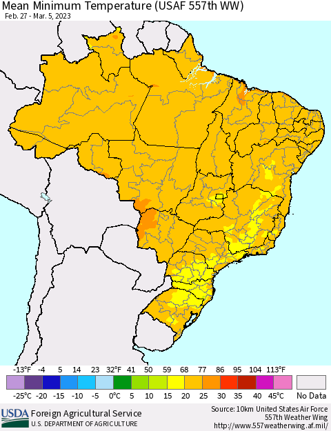 Brazil Mean Minimum Temperature (USAF 557th WW) Thematic Map For 2/27/2023 - 3/5/2023