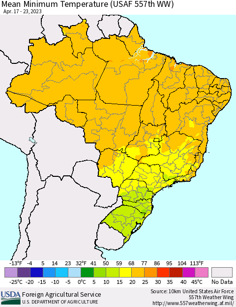 Brazil Mean Minimum Temperature (USAF 557th WW) Thematic Map For 4/17/2023 - 4/23/2023