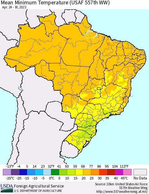 Brazil Mean Minimum Temperature (USAF 557th WW) Thematic Map For 4/24/2023 - 4/30/2023