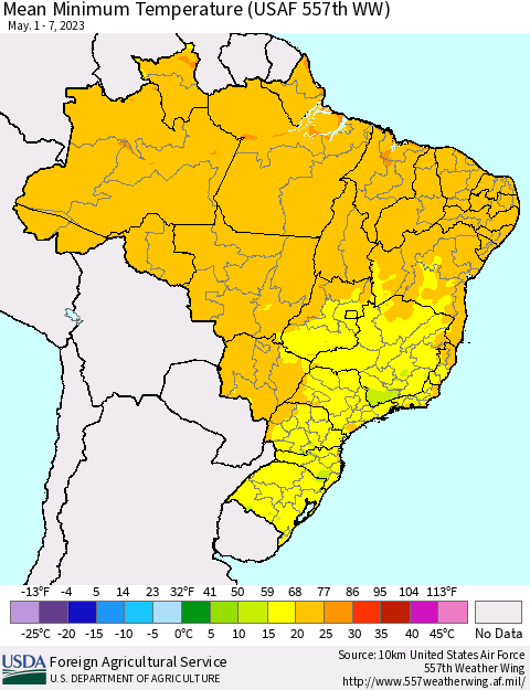 Brazil Mean Minimum Temperature (USAF 557th WW) Thematic Map For 5/1/2023 - 5/7/2023