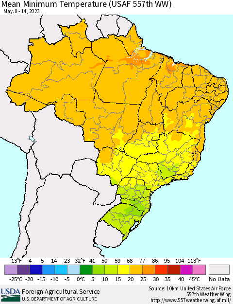 Brazil Mean Minimum Temperature (USAF 557th WW) Thematic Map For 5/8/2023 - 5/14/2023