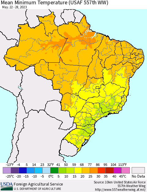 Brazil Mean Minimum Temperature (USAF 557th WW) Thematic Map For 5/22/2023 - 5/28/2023