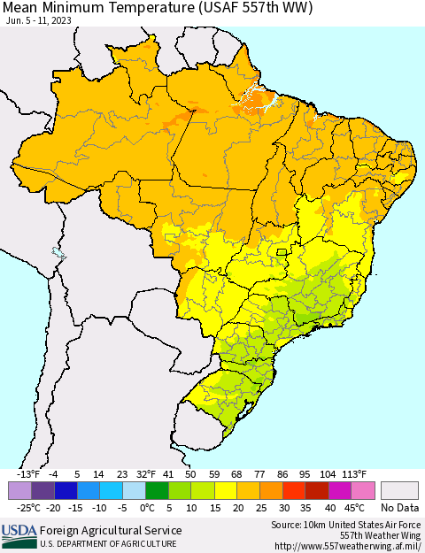 Brazil Mean Minimum Temperature (USAF 557th WW) Thematic Map For 6/5/2023 - 6/11/2023