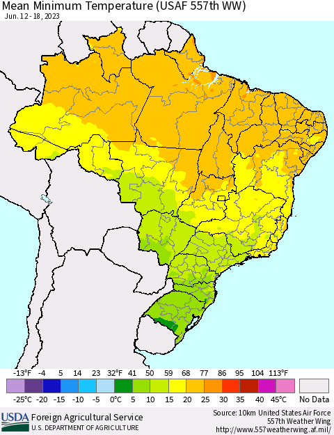 Brazil Mean Minimum Temperature (USAF 557th WW) Thematic Map For 6/12/2023 - 6/18/2023