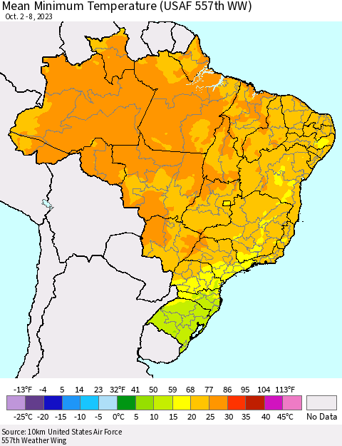 Brazil Mean Minimum Temperature (USAF 557th WW) Thematic Map For 10/2/2023 - 10/8/2023