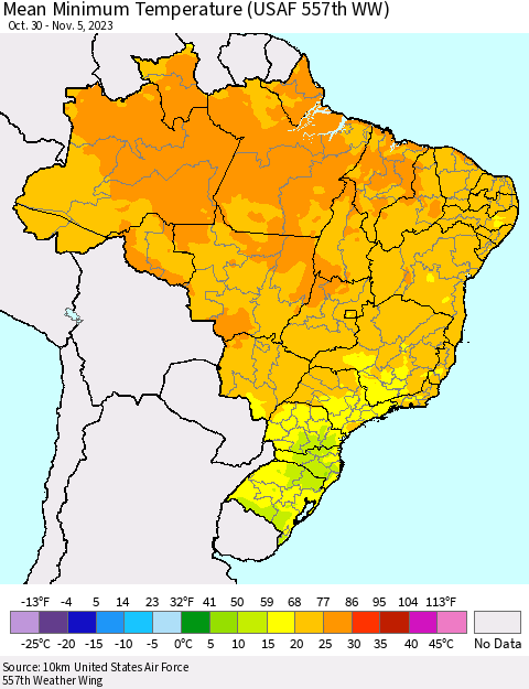 Brazil Mean Minimum Temperature (USAF 557th WW) Thematic Map For 10/30/2023 - 11/5/2023