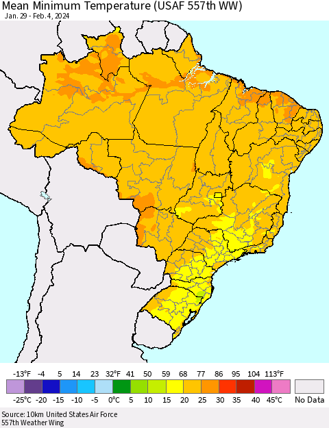 Brazil Mean Minimum Temperature (USAF 557th WW) Thematic Map For 1/29/2024 - 2/4/2024