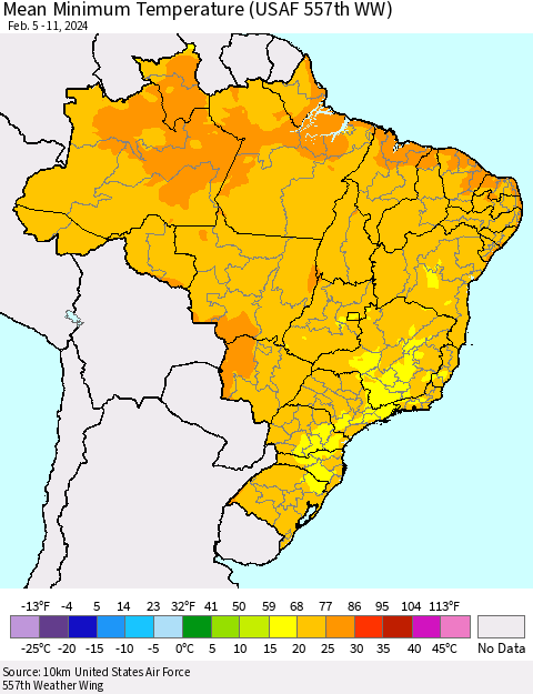 Brazil Mean Minimum Temperature (USAF 557th WW) Thematic Map For 2/5/2024 - 2/11/2024